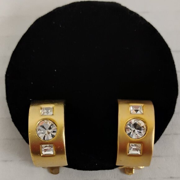 Gently Worn Gold Tone Clip-On Earrings with Rhinestone Accents – Small Size - Picture 1 of 13